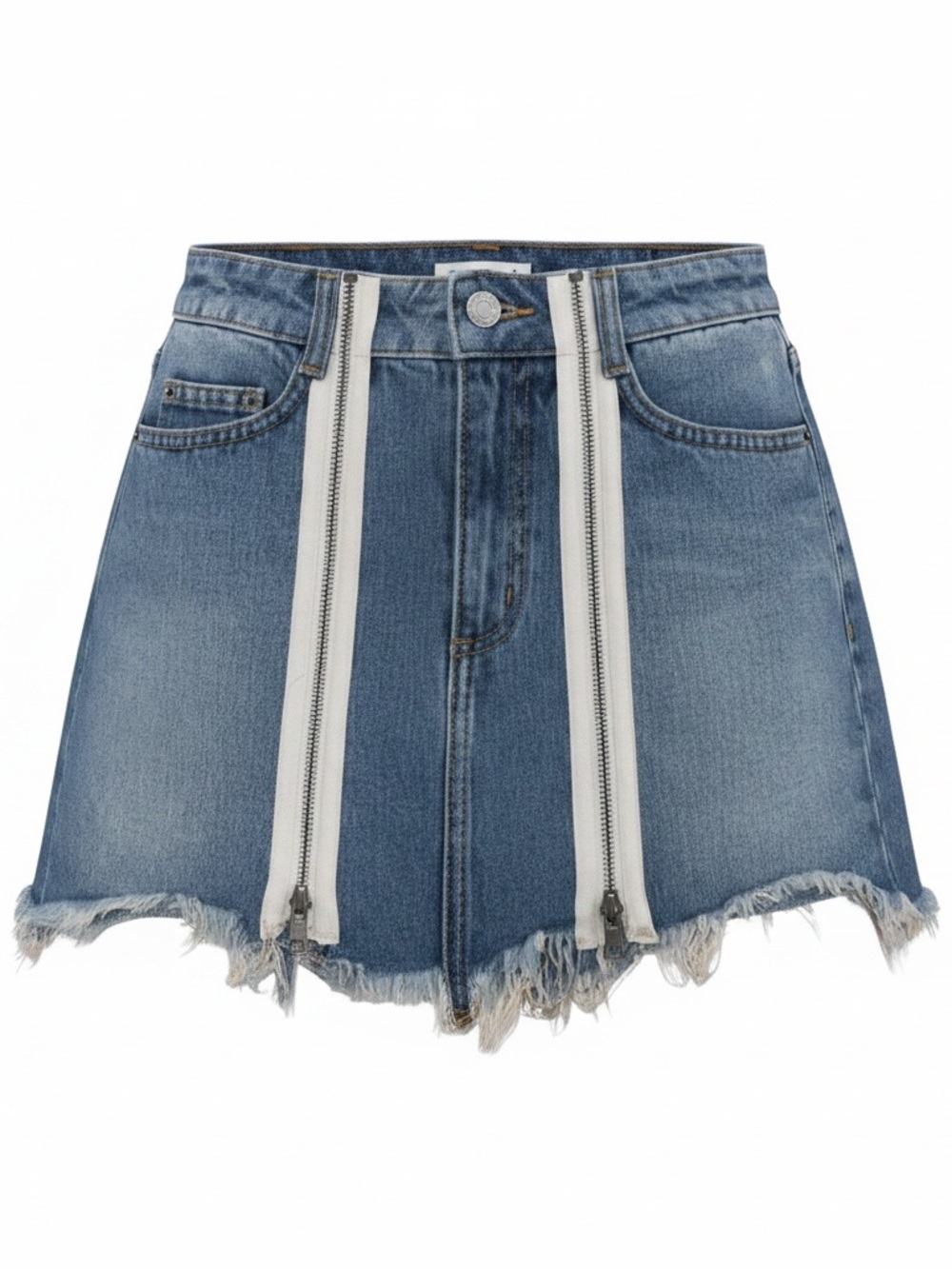 Carmar Denim Mini Skirt Size 4 Functional White Zippers Distressed Hem
